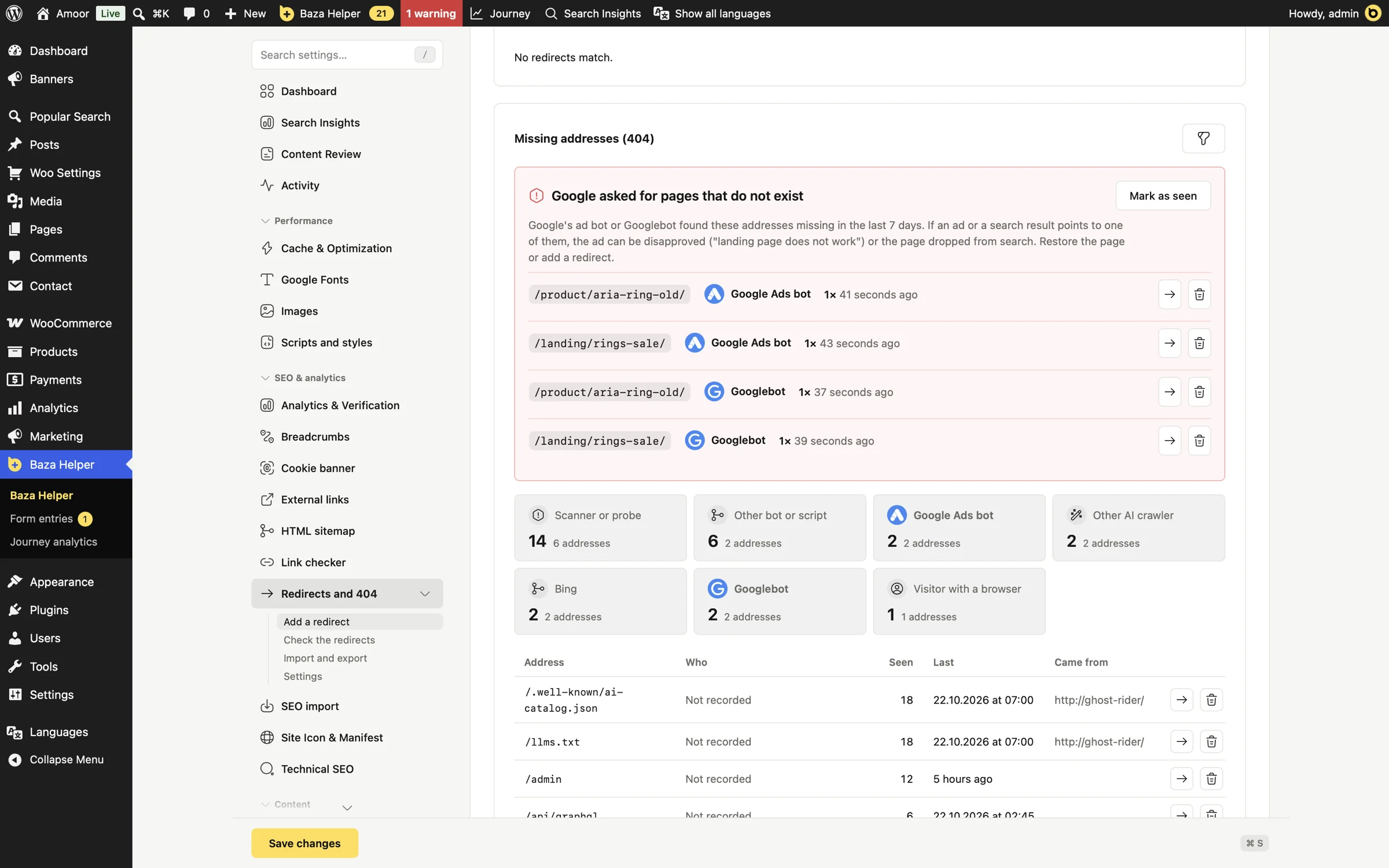 The list of missing addresses in Baza Helper with a red alert that the Google Ads bot and Googlebot asked for pages that do not exist, and tiles by kind of visitor