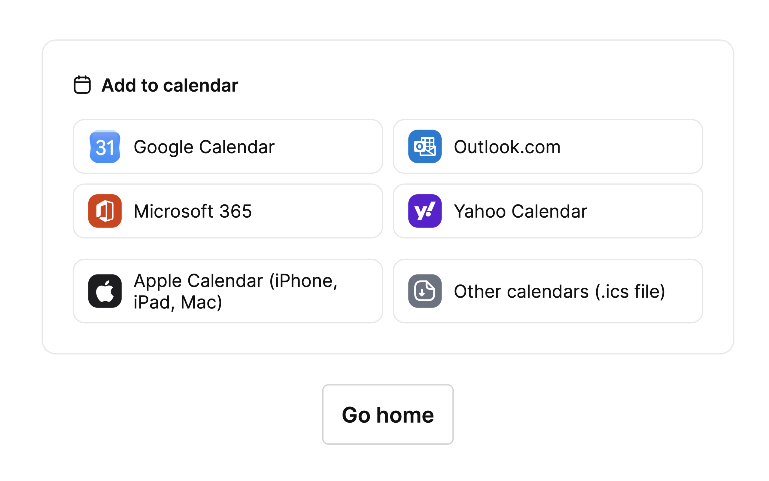 The Add to calendar block on the booking result page with buttons for Google Calendar, Outlook.com, Microsoft 365 and Yahoo Calendar and two buttons for the file: Apple Calendar (iPhone, iPad, Mac) and Other calendars (.ics file)