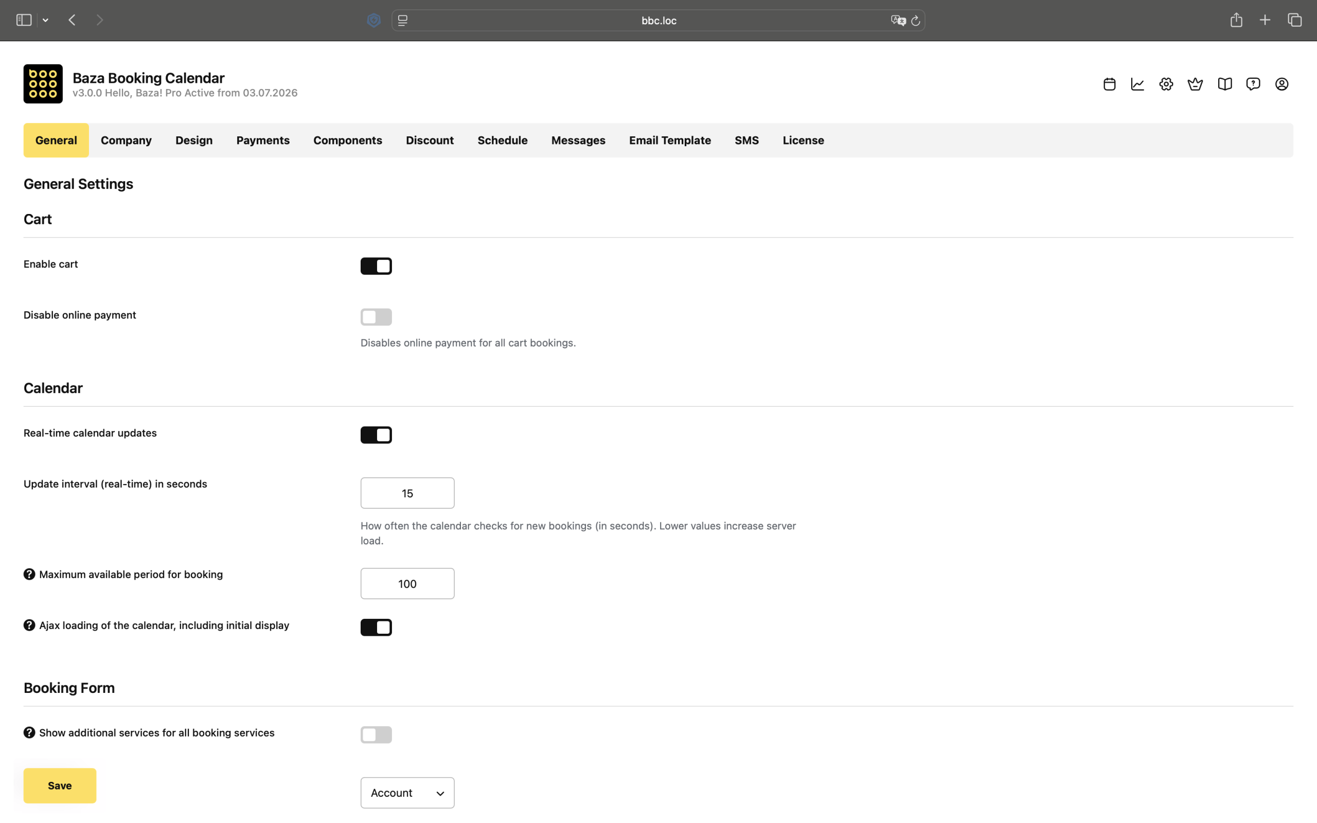 General settings dashboard configuration panel for the booking plugin