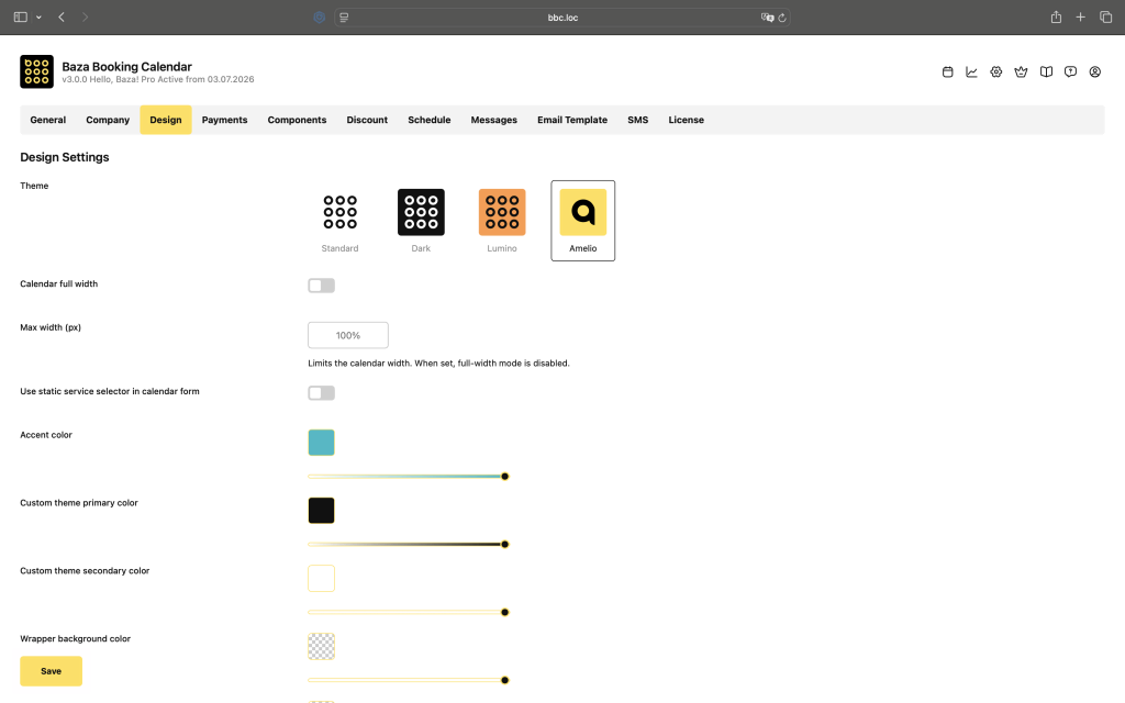 Booking plugin dashboard design settings interface