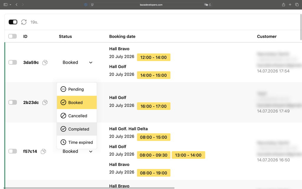 Booking statuses management panel showing pending, confirmed, and canceled appointments