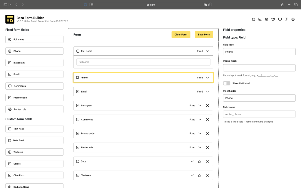 Drag and drop form builder interface for customizing booking fields