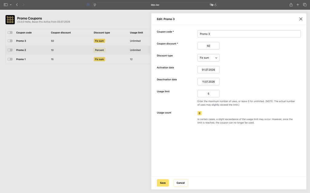 Promo coupons and discount code management panel inside the booking plugin dashboard