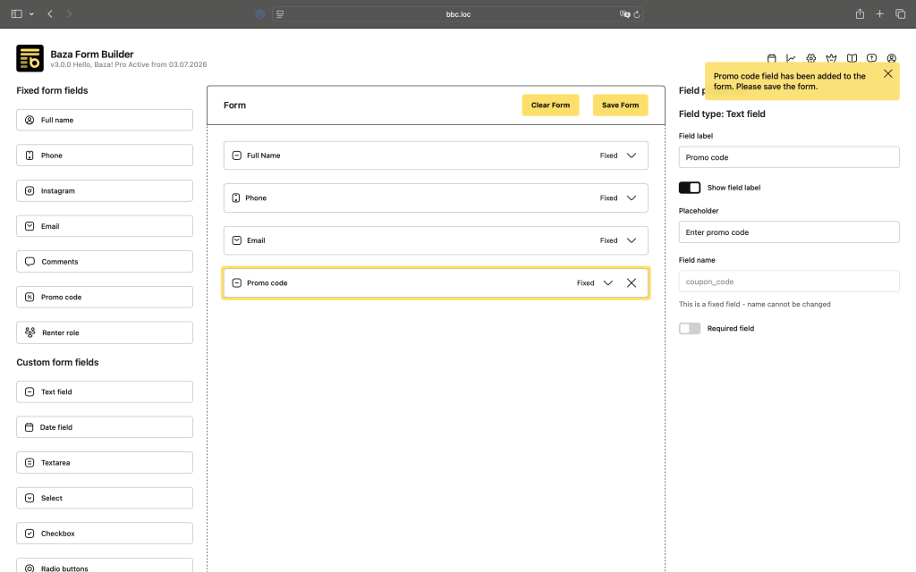 Step-by-step interface showing how to add a new custom field to the booking form layout