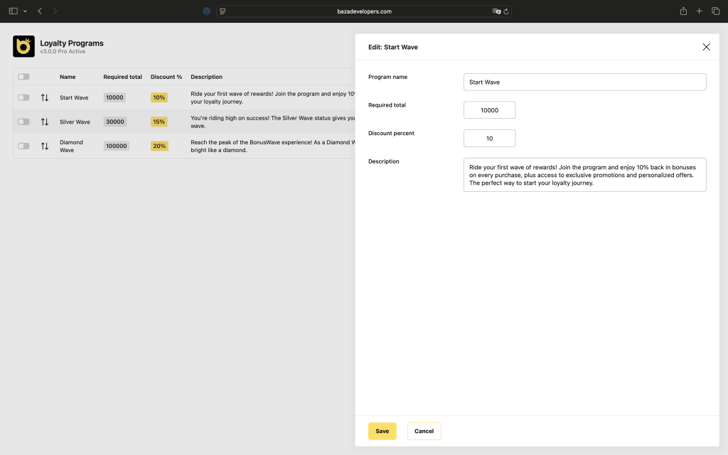 Loyalty programs dashboard configuration panel for the booking plugin