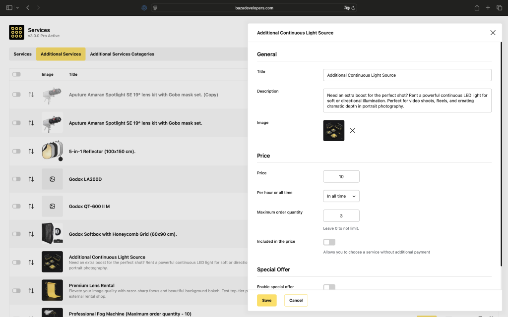 Additional services and optional upgrades configuration panel in the booking plugin