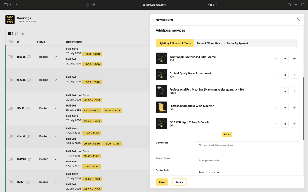 Step-by-step interface for creating and configuring new additional services in the booking plugin