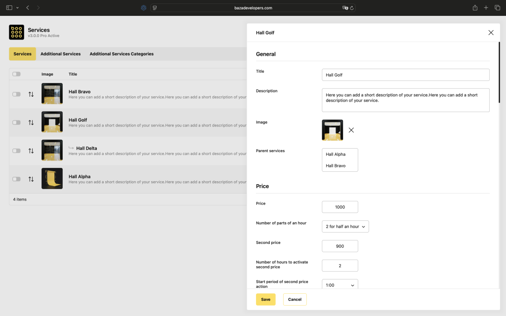 Admin panel interface for organizing service categories, durations, and staff assignments