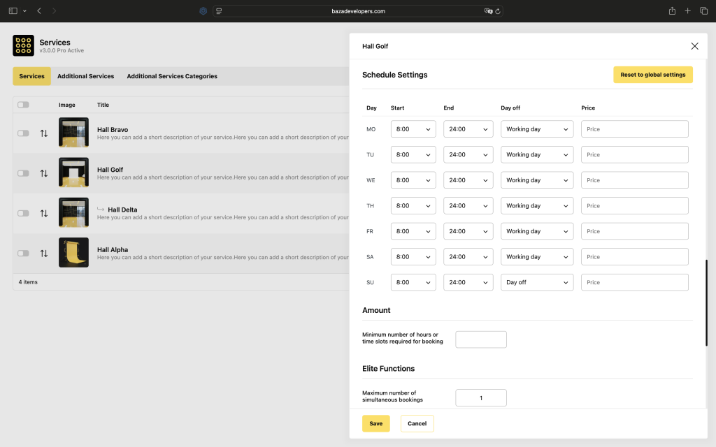 Calendar schedule configuration screen for managing operating times and staff shifts