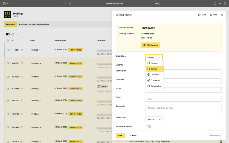 Booking statuses management panel showing pending, confirmed, and canceled appointments