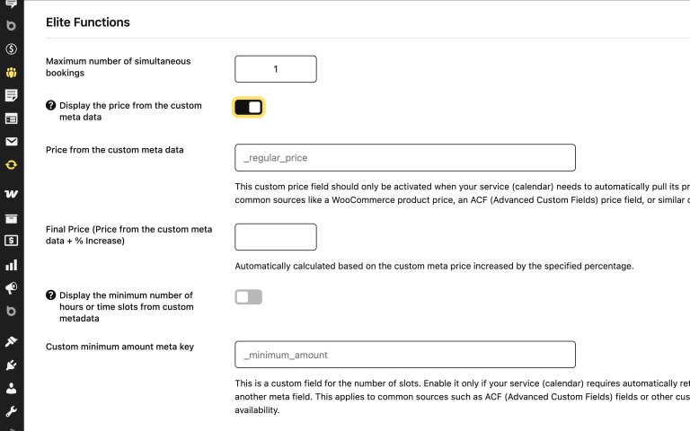 Baza Booking Calendar service settings custom meta price field