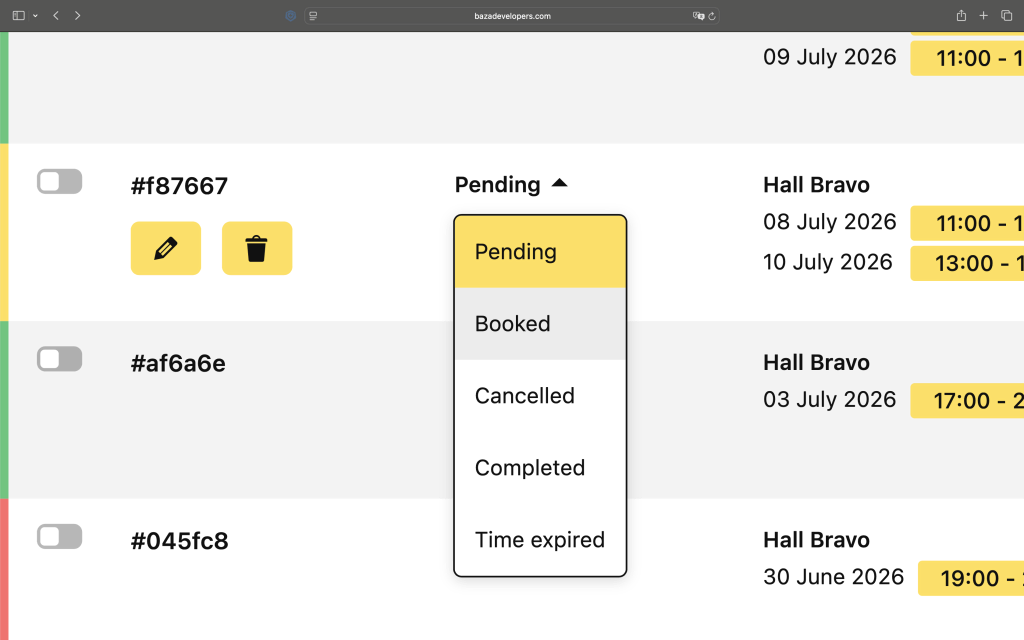 Booking statuses in the admin panel