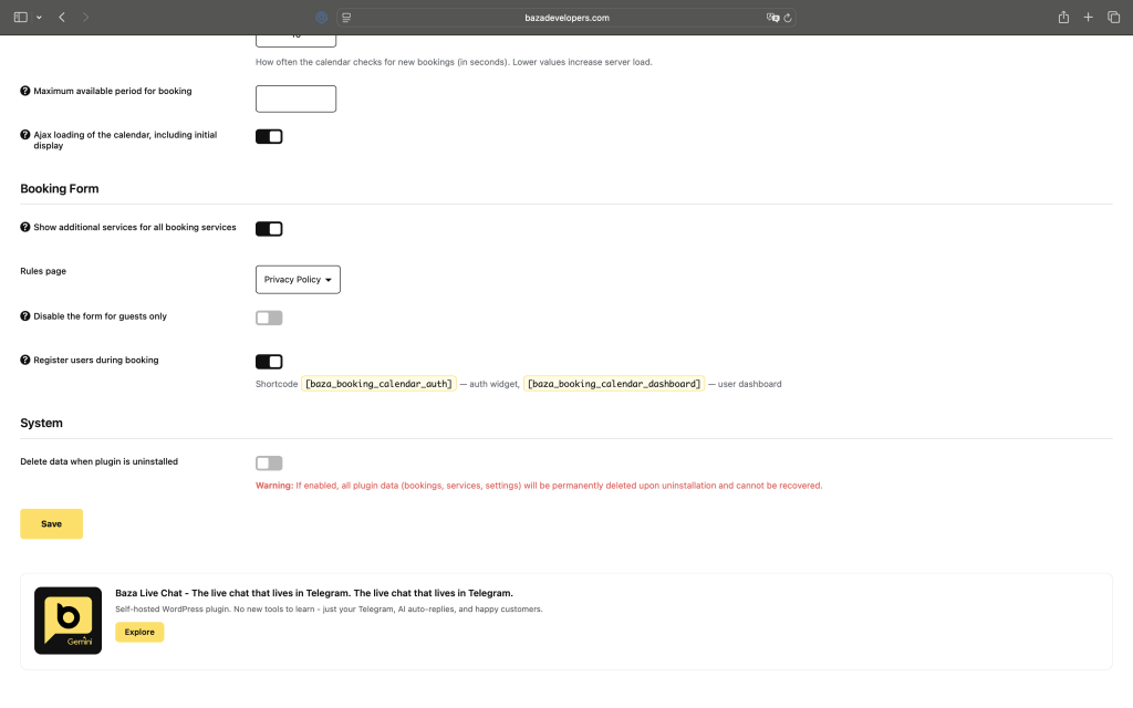 Booking form configuration panel showing customizable fields for online reservations