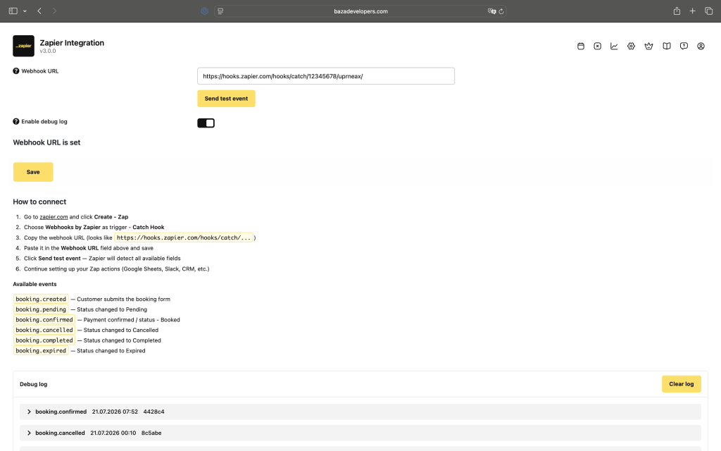 Connect Baza Booking Calendar to Zapier via Webhook