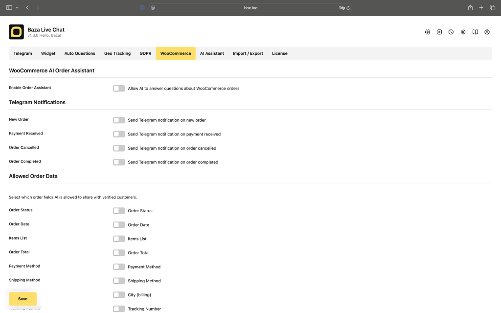 The WooCommerce tab unlocks two independent features - AI Order Assistant and Telegram order notifications. Both require a Pro license and WooCommerce installed and active.