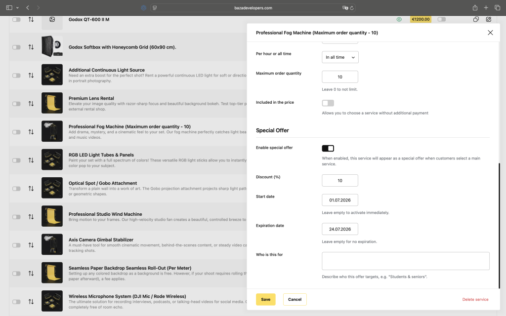 Special Offers are configured directly on the Additional Service edit screen (Edit Additional Service), not in a separate settings page. Any additional service can be turned into a special offer.